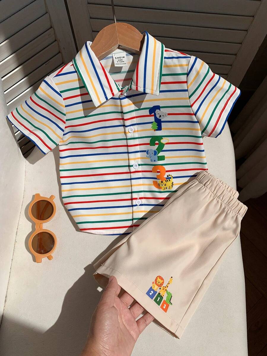 SHEIN 2件組男嬰春夏舒適休閒百搭可愛簡約彩色條紋襯衫與卡其色短褲套裝,適合室內、戶外、日常、運動、玩耍、派對、攝影、度假、假日 - 彩色 - 查看 1