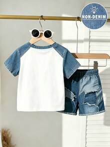 Young Boy Colorblock Patchwork Puppy Print T-Shirt & Shorts Set - Multicolor - View 2