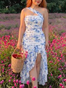 SHEIN MOD Plus Size Elegant Blue & White Floral Print High Slit Dress - Blue and White - View 5