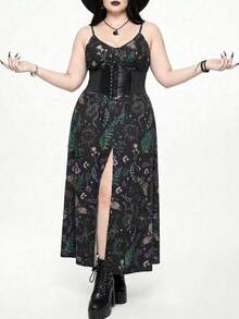 ROMWE Fairycore Gothic Elegant Moth Leaf Plant Butterfly Snake Sun Moon Star Mori Style Spaghetti Strap Sexy Low-Cut Dress For Plus Size Women Vacation Black Summer - Black - View 5