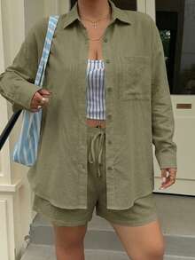 Muchica Plus Size Women Solid Color Fashion Loose Long Sleeve Shirt And Shorts 2pcs Set Vacation Olive Green Autumn Smart Casual Normal Fall Date Night Brunch - Army Green - View 6