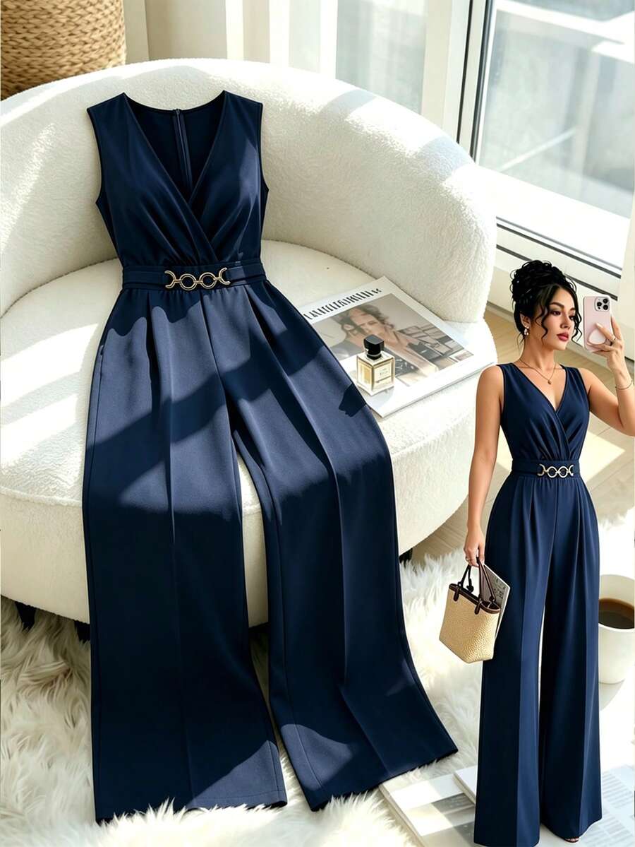 GlowEve CURVE Plus Size Women's Elegant Solid Color V-Neck Sleeveless Gold Decor Waist Buckle Cinched Waist Wide Leg Jumpsuit, Suitable For Spring/Summer Commute And Daily Wear - Navy Blue - View 1