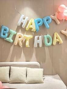 MINKOJA 1件/13件組 16英吋 Happy Birthday 生日橫幅字母氣球，黑色、銀色、白色、棕色、奶油色多巴胺配色可選，適用主題生日裝飾、男女生日派對裝飾、居家派對背景與房間佈置（含吹氣管與繩子） - Dopamine - 查看 3