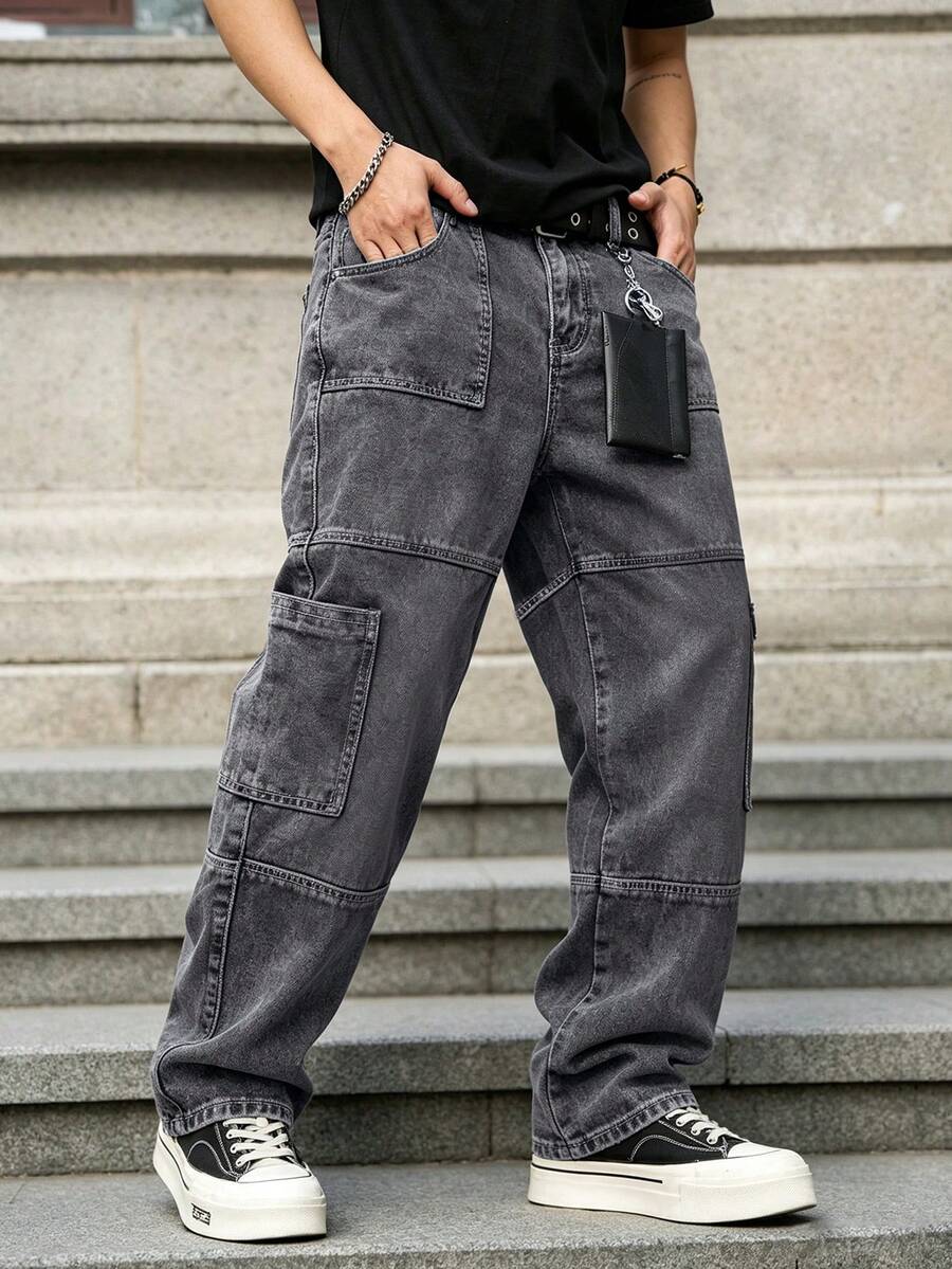Manfinity EMRG Men's Casual Washed Denim Jeans - Dark Grey - View 1