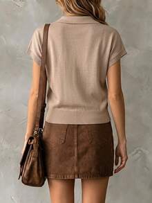 Balvessa Women's Polo Collar V-Neck Ribbed Cuff & Hem Minimalist Casual Short Sleeve Sweater - Khaki - View 2