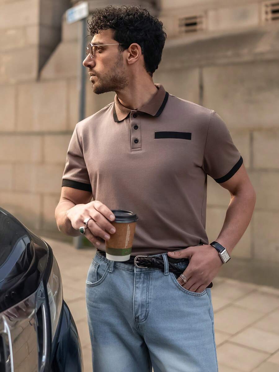 YOUESAWY YOUESAWY Camisa polo de manga corta de hombre casual minimalista con ribete de contraste - Café integral - Ver 1
