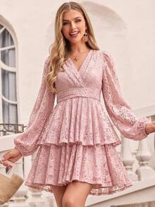 Amorya Vestido mini elegante y romántico para mujer con estampado floral rosa, mangas de farol, adecuado para citas nocturnas, fiestas en el jardín, fiestas diurnas, vacaciones, verano y otoño - Rosa - Ver 10