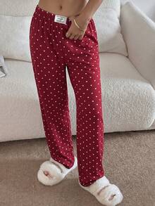 Napfluff Women's Casual Heart Print Waistband Patch Elastic Waist Straight Leg Long Pajama Pants - Burgundy - View 3