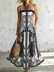SHEIN Long Strap Cinched Waist A-Line Dress Vacation Style Printed Dress - Black and White - View 1