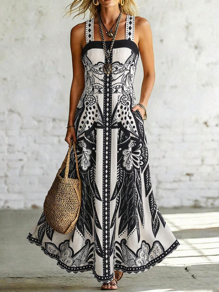 SHEIN Long Strap Cinched Waist A-Line Dress Vacation Style Printed Dress - Black and White - View 1