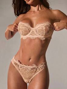 SHEIN BAE 2pcs Women's Solid Color Strapless Sexy Lace Lingerie Set - Apricot - View 6