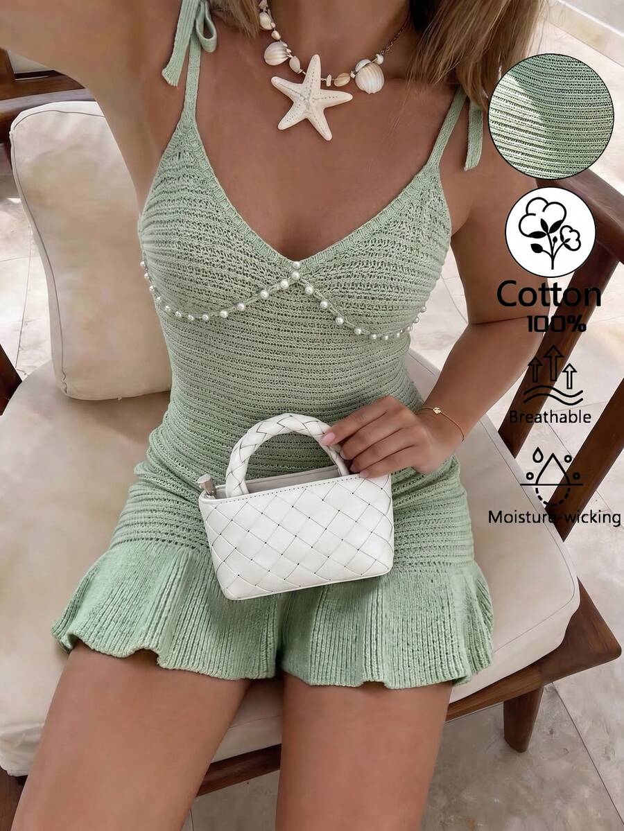 Flora Isola Flora Isola 夏季度假薄荷綠珍珠飾邊綁腰針織荷葉邊迷你毛衣洋裝 女款 - 薄荷綠 - 查看 1