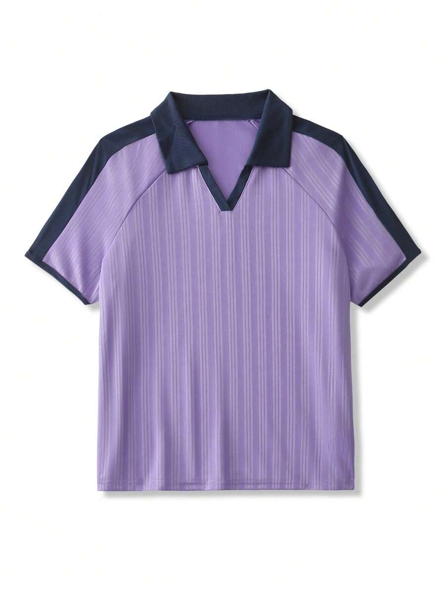 CourtClass CourtClass Women's Contrast Color Collar Raglan Short Sleeve Tennis Top - Purple - View 1