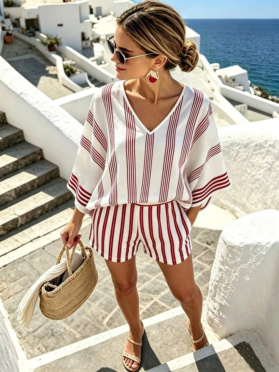 SHEIN Holidaya 女款夏季清爽藍白條紋仿亞麻印花寬鬆蝙蝠袖短褲兩件套,顯瘦休閒套裝 - 彩色 - 查看 1