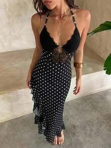 Aloruh Vestido de verano/primavera para vacaciones con estampado de mariposa en malla, cuello halter, parches de encaje, abertura larga y volantes en el bajo - Blanco y Negro - Ver 1