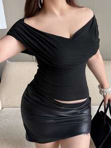 Dazy Plus Solid Color Knitted Slim Fit Off Shoulder Elegant Cropped Short Sleeve T-Shirt For Women, Plus Size, Black, Spring/Summer - Black - View 5