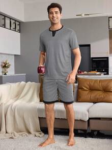 CoupledUp Men's Striped Print Colorblock Patchwork Short Sleeve & Shorts Pajama Set - Black and White - View 7