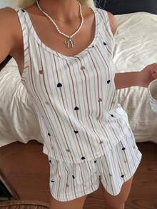 SHEIN Casual Underwear&Sleepwear 女款休閒針織背心上衣與短褲條紋愛心印花睡衣套裝 - 咖啡棕 - 查看 4