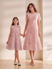Anewsta Vestido de princesa corto para niña, primavera/verano, nuevo, para fiesta de cumpleaños y banquete del primer año, elegante y lindo, de tela bordada, cuello redondo, decoración de perlas, hombros con lazo desmontable, sin mangas - Rosa Pálido - Ver 3