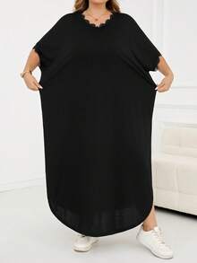 SHEIN CURVE+ 大尺碼女款春夏新款時尚通勤休閒口袋設計開衩長款袍裙 - 黑色 - 查看 5