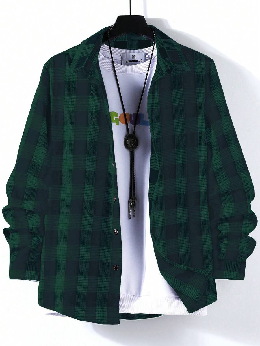 Manfinity Homme Men Plaid Print Front Button-Up Casual Long Sleeve Shirt, Fall - Multicolor - View 1