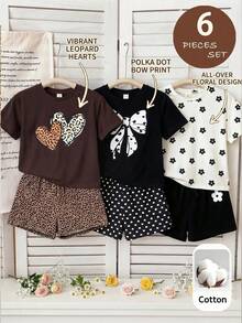 SHEIN 6pcs/Set Young Girl Knitted Printed Round Neck Loose T-Shirt And Fitted Shorts,Buy 2 Get 4 Free - Multicolor - View 5