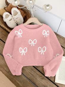 SHEIN 新款時尚百搭可愛蝴蝶結女童套頭毛衣 - 粉色 - 查看 3