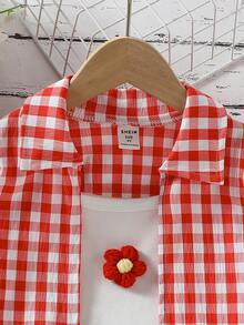 Young Girl Plaid Long Sleeve Single-Breasted Shirt, 3D Floral Decor Camisole And Shorts Casual Set - Red - View 6