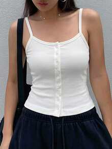 DAZY Top casual de verano de unicolor con botones delanteros y tirantes - Blanco - Ver 8