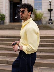 YOUESAWY YOUESAWY Men's Long Sleeve Formal Business Commuting Shirt Yellow Fabric Button Front Regular Fit - Yellow - View 7