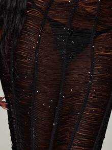 MUSERA Sheer Knitted Ruched Bodycon Cover-Up Maxi Dress Autumn Holiday Vacation Beach Club Bohemian Sexy Trinket Black - Black - View 6