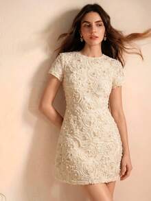 Anewsta Casual Elegant Pearl Floral Apricot Dress - Apricot - View 2