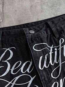 AXEPEAK Men's Summer Casual Letter Embroidered Denim Shorts - Black - View 4