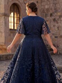 Serin Gaun Pengantin Ukuran Besar Elegan Romantis Lengan Ruffle Mewah Payet Patchwork Satin Bertatahkan Mutiara dan Rhinestones Potongan A-Line Besar Cocok untuk Pesta Pernikahan, Perayaan, Makan Malam Formal, Gaun Ibu Pengantin - Navy Blue - View 5