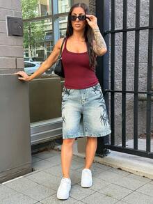 SAYEHFBABY Women's Patterned Pocket Wide Leg Loose Casual Bermuda Denim Shorts Summer - Blue - View 6