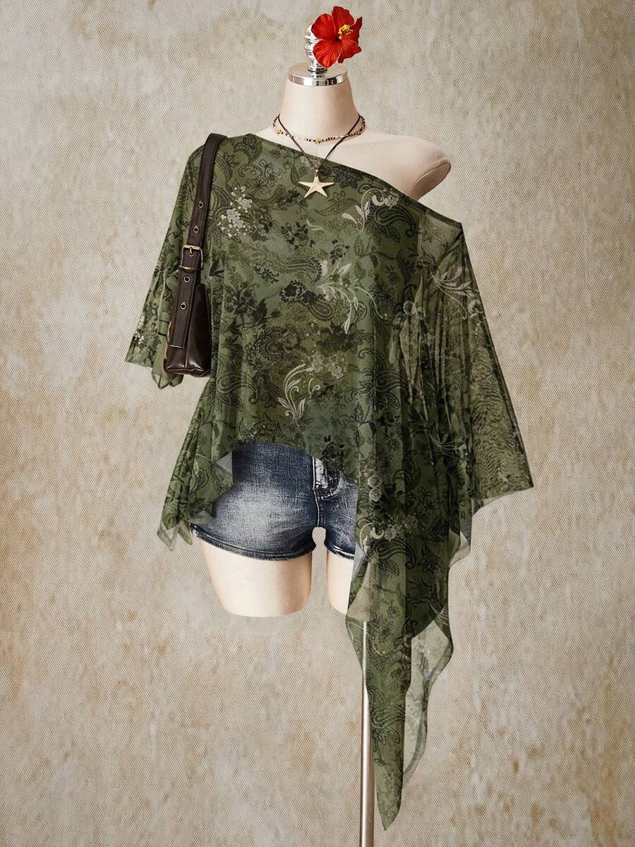 SHEIN ICON 大尺碼女款度假休閒花卉印花不對稱網紗上衣 - 彩色 - 查看 1