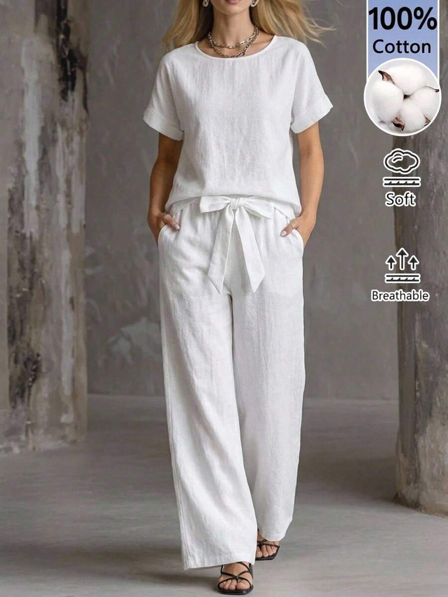 EMERY ROSE Women's Solid Color Short Sleeve Top And Long Pants Casual Daily 2 Pieces Set - White - View 1