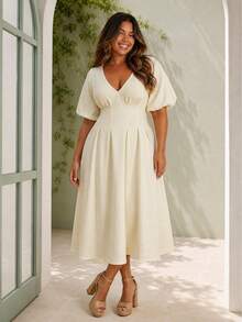 ELLERISSA Curve Elegant White Summer Party Midi Dress,Puff Sleeve Box Pleated V Neck A Line Structured Gown,Plus Size Women's Formal Work Outfits - White - View 4