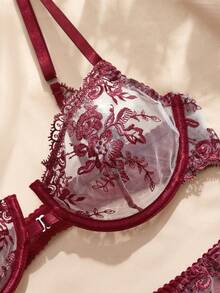 Charlaine 2件組 酒紅色鋼圈前扣式聚攏托高刺繡網紗拼接透視露背復古浪漫女款內衣套裝 - 紅色 - 查看 3