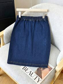 GlowEve Vintage Casual Retro Style Navy Blue Button Pocket Straight Leg High Waist Daily Wear Denim Skirt For Women Back-To-School Everyday School Summer - Blue - View 2