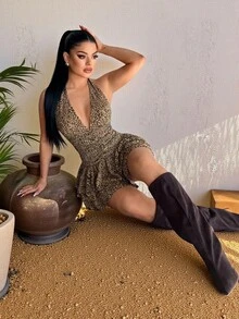 SHEIN SXY 大尺碼夏季性感豹紋露背掛脖迷你洋裝 - 彩色 - 查看 8