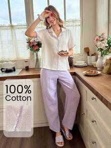 Snug Reverie Bộ đồ mặc nhà 100% cotton gồm áo tay ngắn cổ bẻ viền vỏ sò vân nổi màu kem + quần dài thường ngày màu tím khoai môn - Nhiều màu - Xem 6