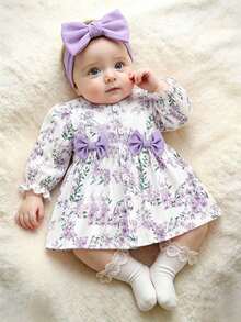 SHEIN Newborn Baby Girl White Round Neck Ruffled Cartoon Cherry Print Long Sleeved Bow Dress Elegant Babygirl Cute Autumn Monthly Milestone Purple - Purple - View 4