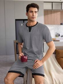 CoupledUp Men's Striped Print Colorblock Patchwork Short Sleeve & Shorts Pajama Set - Black and White - View 6