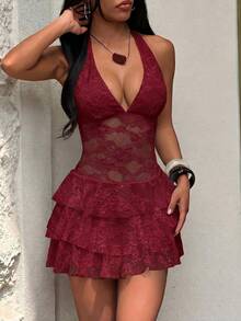FavEase Vestido sexy de mujer con escote profundo en V, cuello halter, encaje y bajo con volantes - Rojo - Ver 4