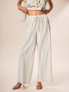 Willow Rêve Women's Striped Beige Romantic Bohemian Low Waist Wide Leg Pants, Boho Style, Romantic Vacation Style - Beige - View 6