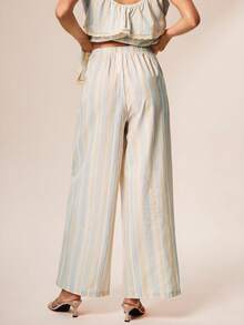 Willow Rêve Women's Striped Beige Romantic Bohemian Low Waist Wide Leg Pants, Boho Style, Romantic Vacation Style - Beige - View 2