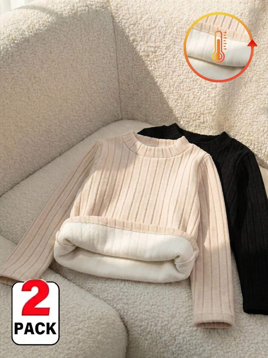 Elladie kids 2件組女童中領長袖蓬鬆羅紋抓絨T恤，適合秋冬校園與日常穿著 - 彩色 - 查看 1