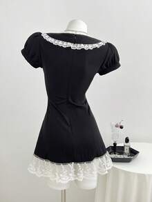 Elamini Minimalist Lace Cute Sexy Sweet Peter Pan Collar Lace Trim Patchwork Bow Short Sleeve A-Line Mini Dress Date Party Black And White Summer - Black - View 2