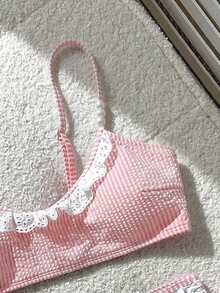 Swim Mod Conjunto de 2 piezas de top de baño a rayas y Bottom de bikini en forma de V para niñas - Rosa - Ver 6